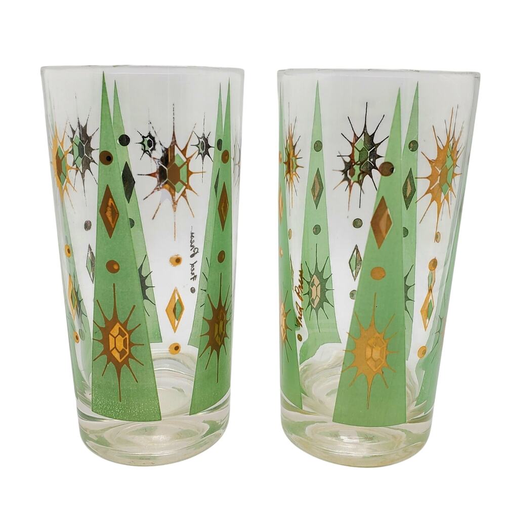 Fred Press Atomic Highball Glasses MCM Green Gold Tumblers Eclipse Sun Burst Bar